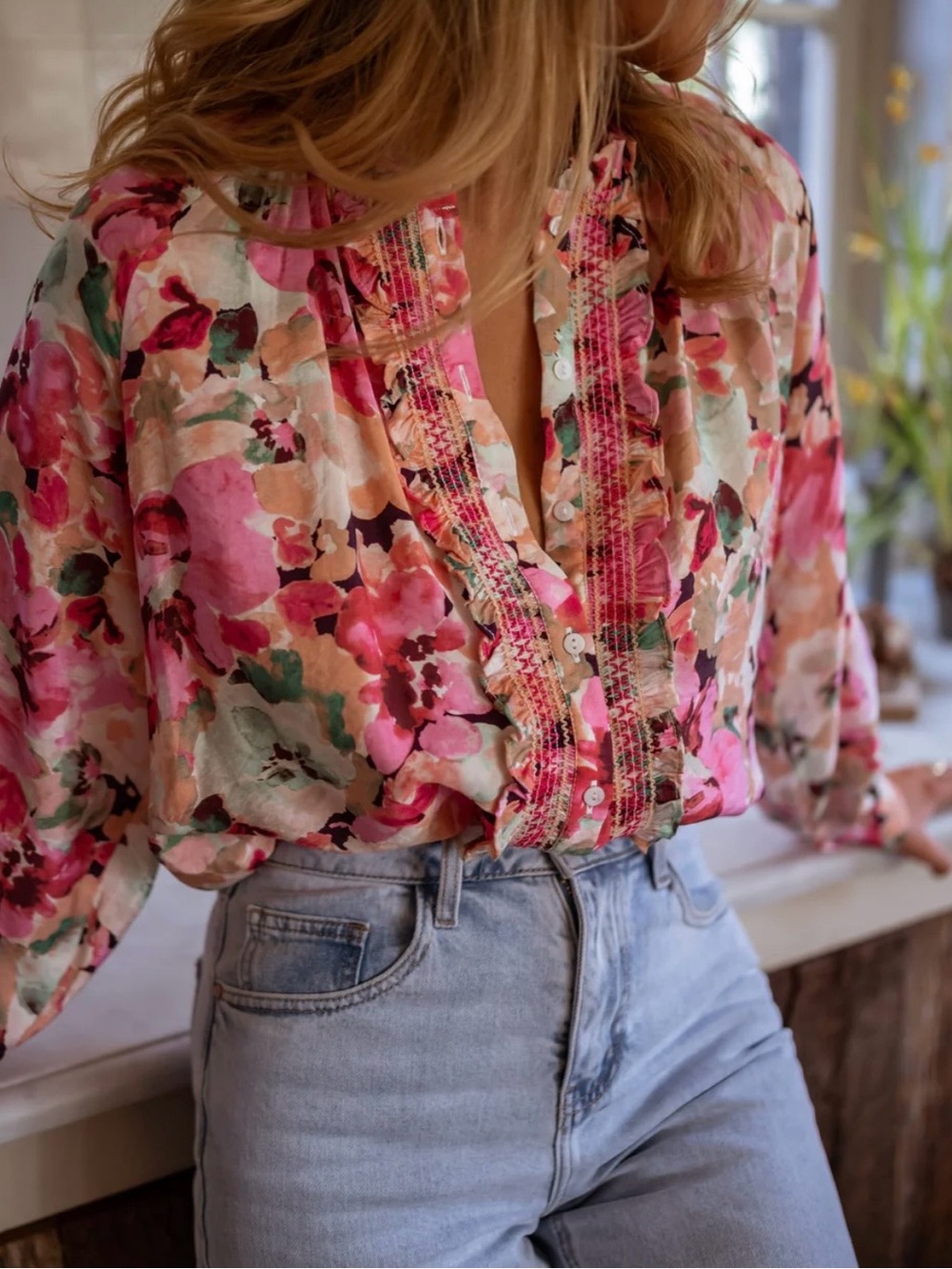 Easy Clothes Elvina Blouse- Floral Pink Button Up With Ruffled Center Trim